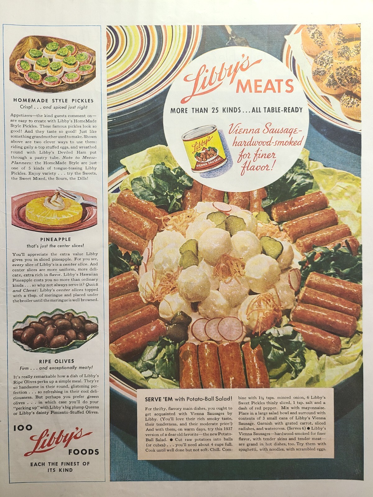 Vintage Print Ad 1937 Libby\'s Meats Party Platter Vienna Sausage Salad Recipe