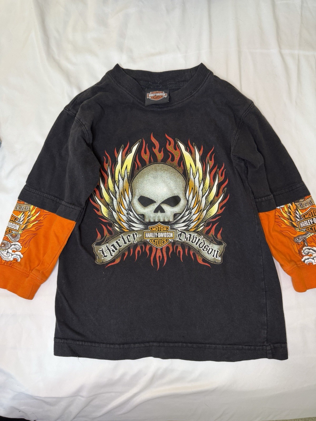 Harley Davidson Youth Size 4 Black Orange Flames Long Sleeve Skull Shirt