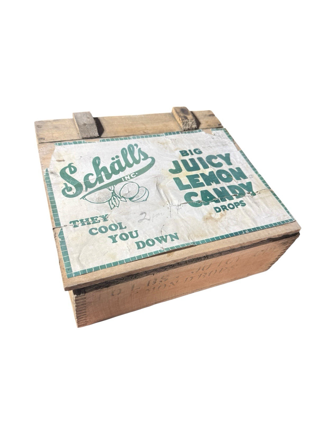 Antique Schall’s Lemon Candy Drops Wooden Crate General Store Advertising Crate