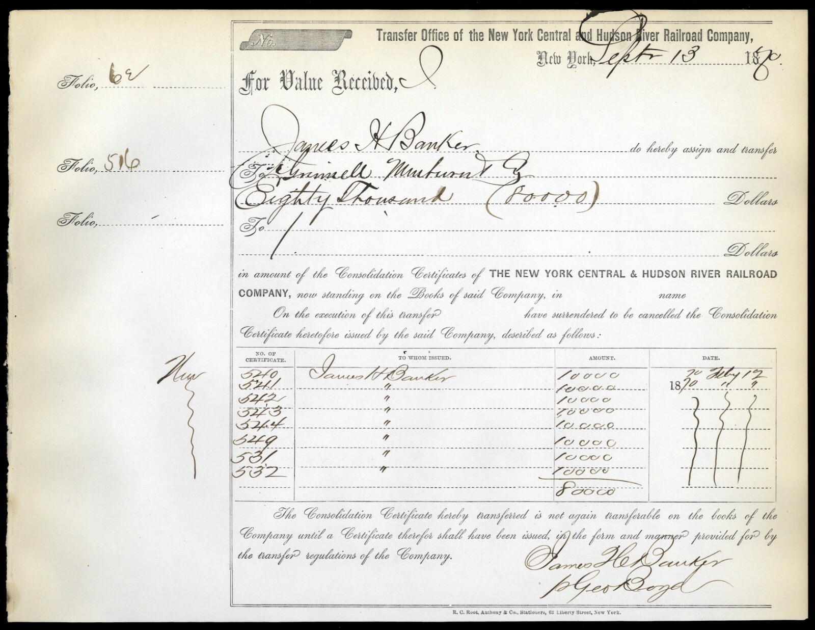 One (1) 1870 stock transfer from New York Central and Hudson River Railroad Co.