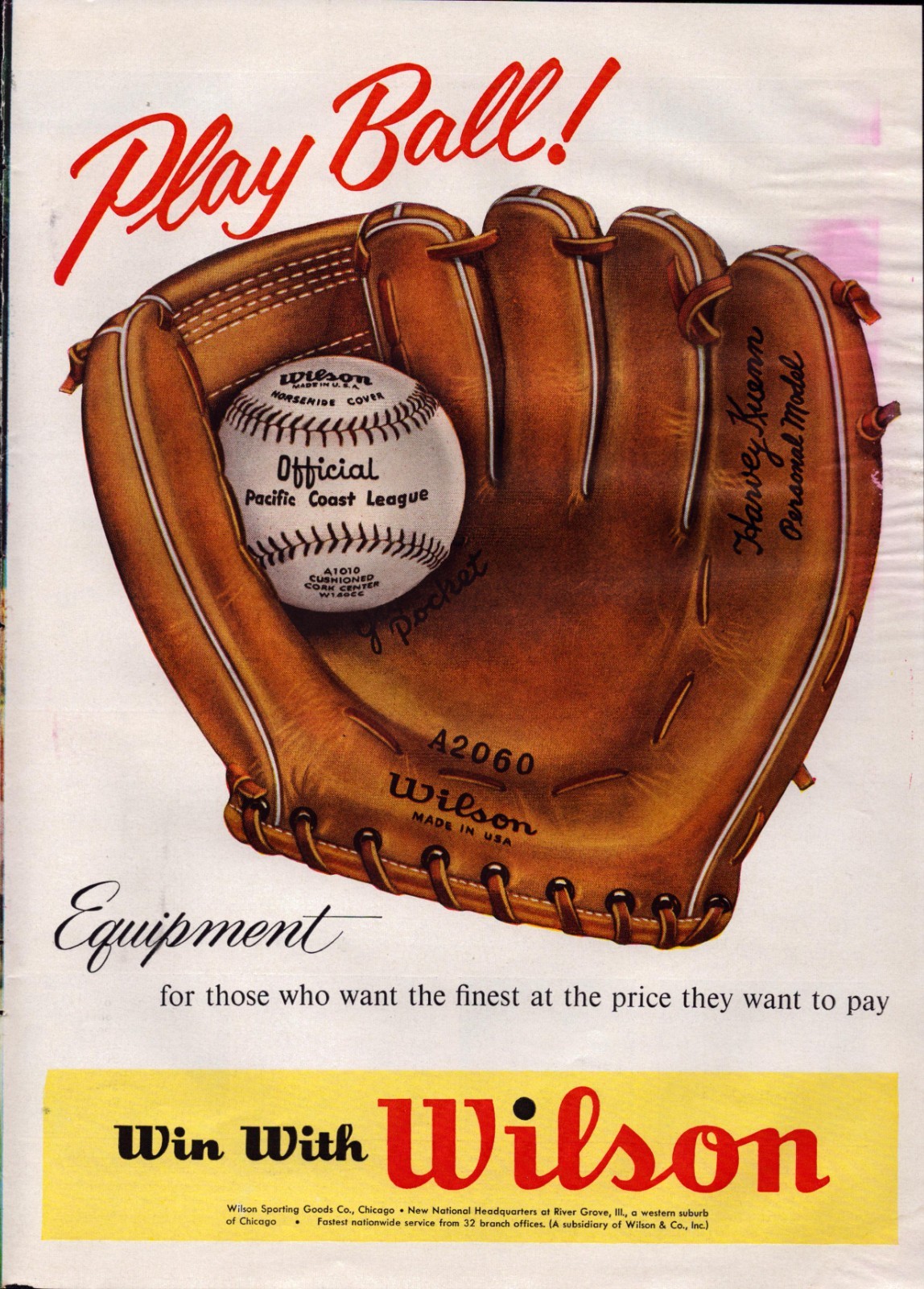 1957 Vintage Print AD - Win with Wilson - Baseball Glove Play Ball - Wall Art