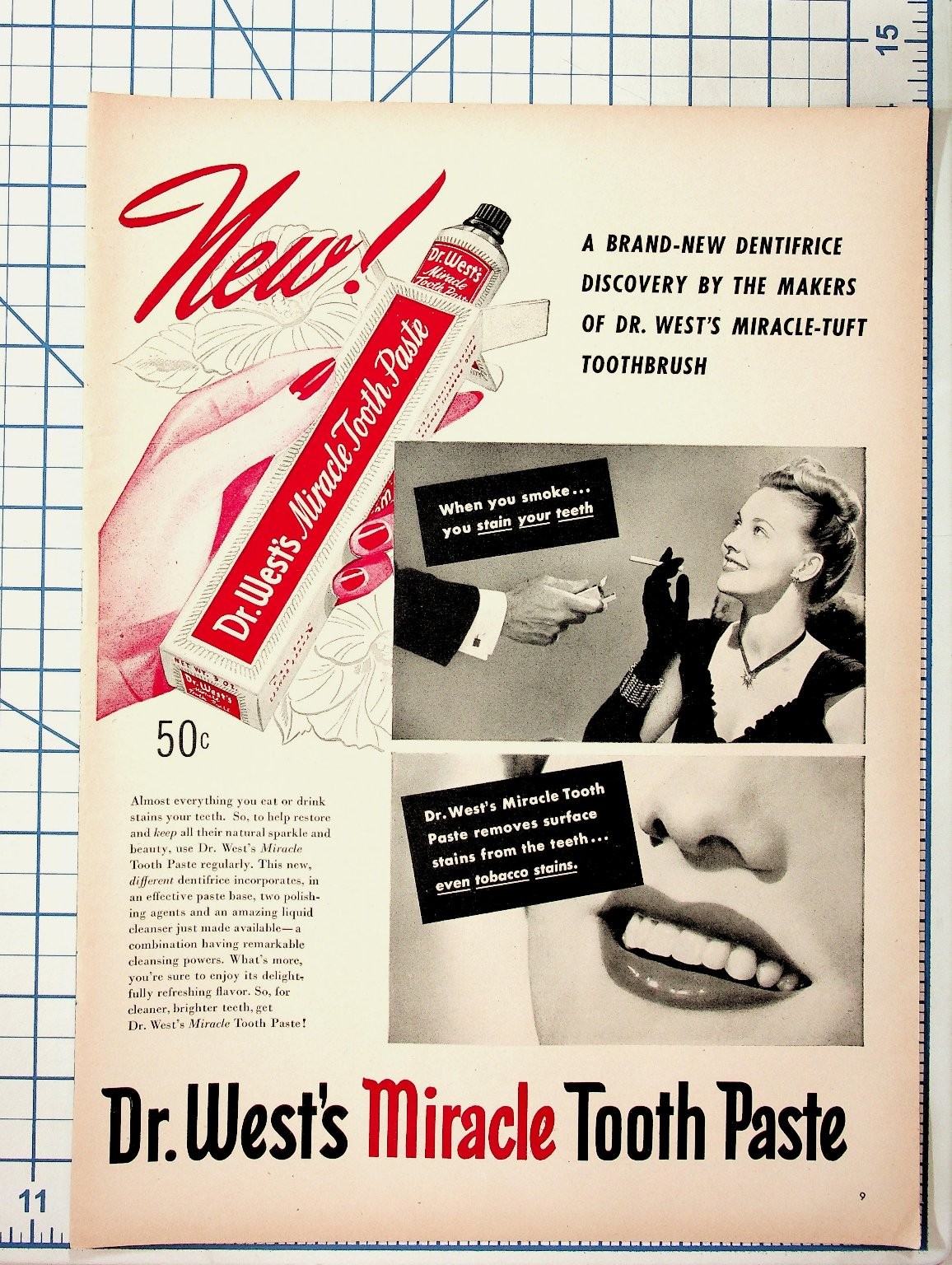 Vintage 1940s Dr. West\'s Miracle Tooth Paste Ad Tobacco Stain Vintage 1940s Dr. West\'s Miracle Tooth Paste Ad Tobacco Stain