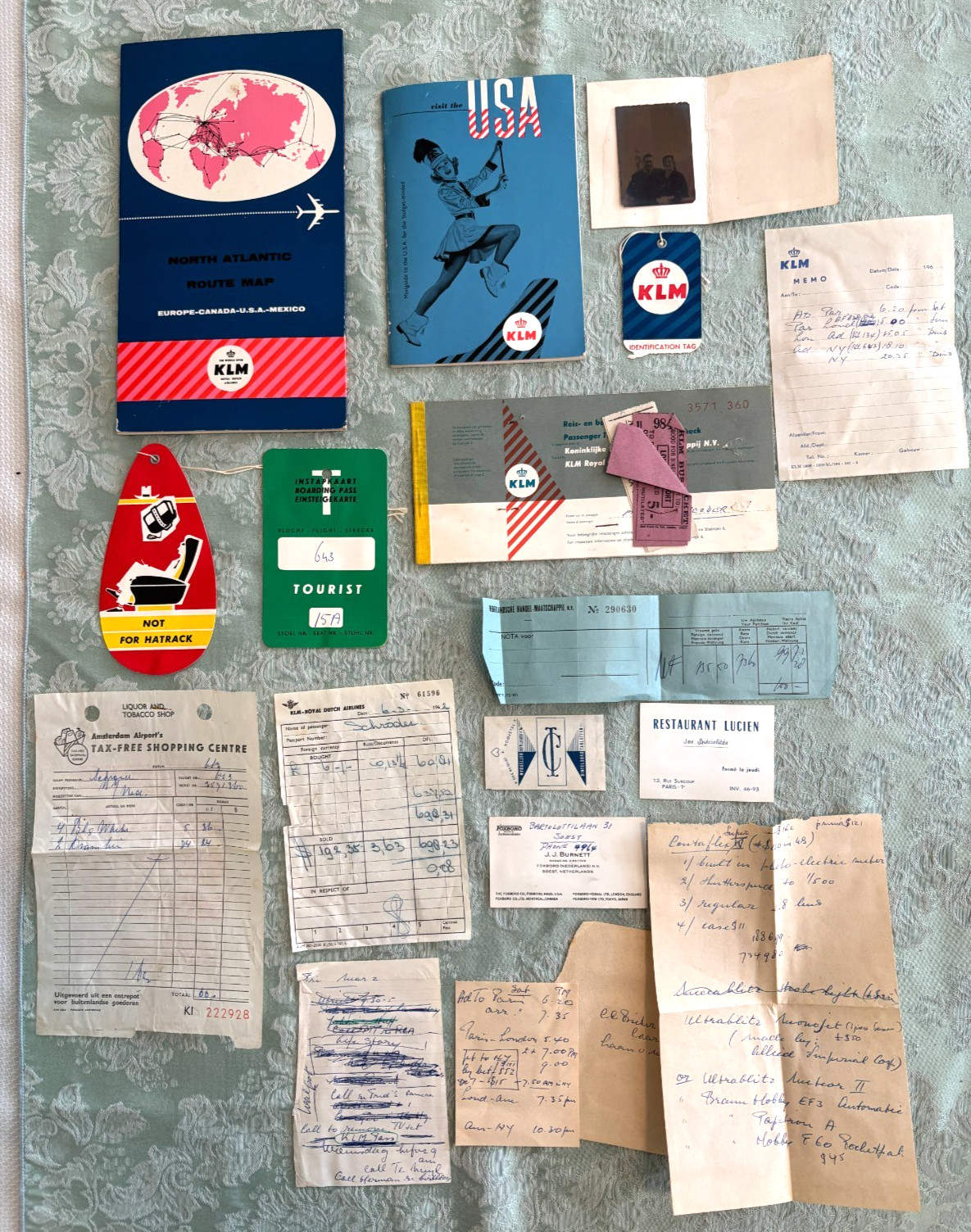 VTG \'62 KLM Travel Lot Visit the USA Route Map Luggage Receipt Photo Netherlands VTG \'62 KLM Travel Lot Visit the USA Route Map Luggage Receipt Photo Netherlands
