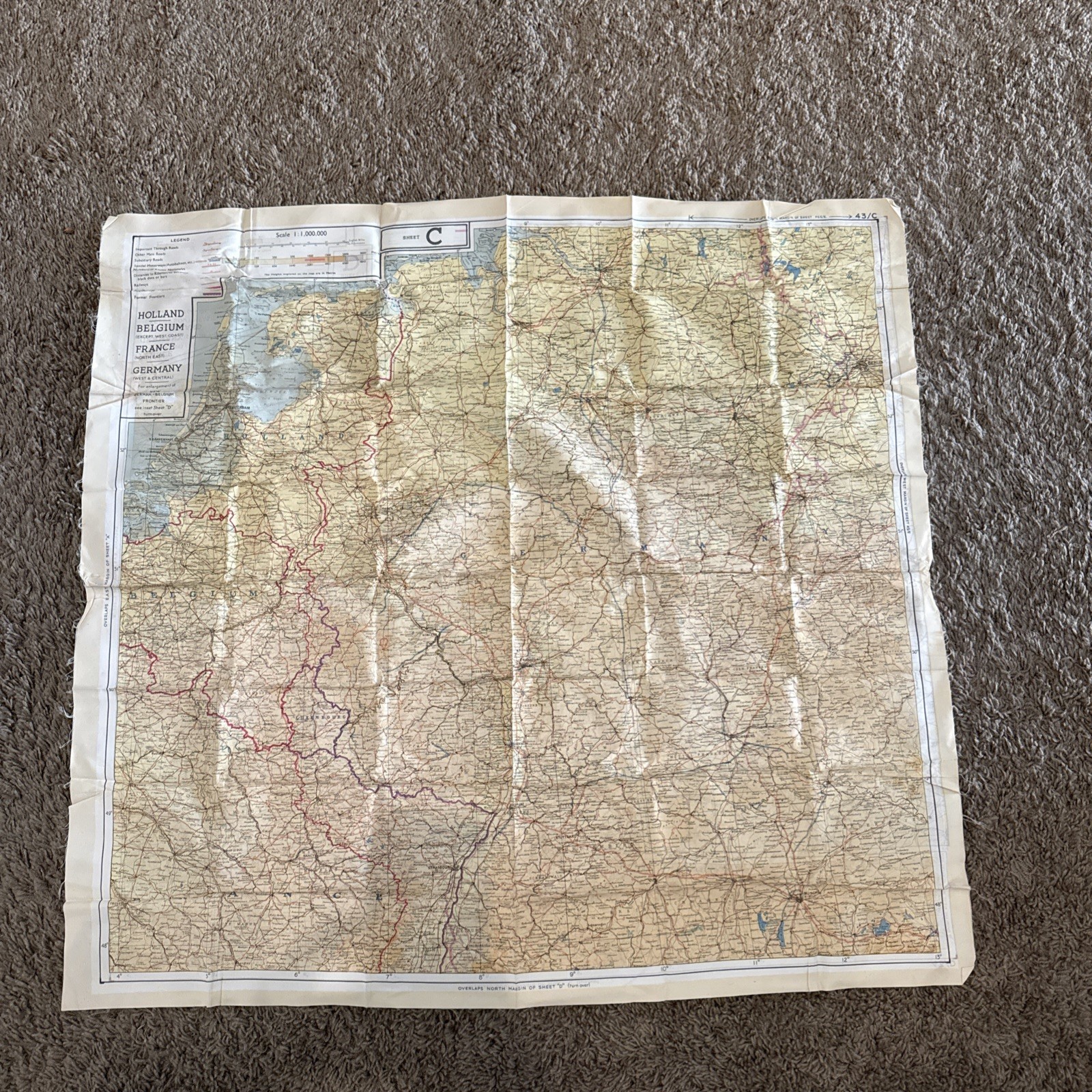 Vintage WWII RAF Silk Escape Evasion Map 43/C&D France Belgium Holland Germany