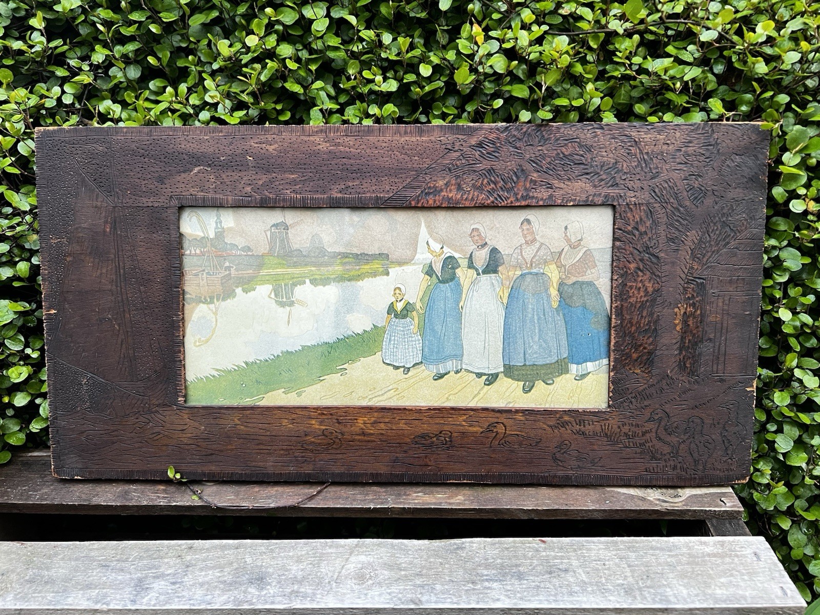 VTG Hand Carved Wood Frame Folk Art Rustic Black Forest Style Ducks Scene