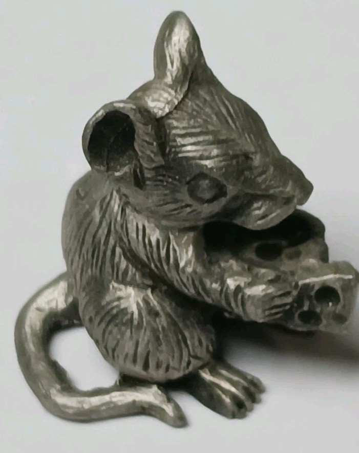 Vintage Pewter Mouse Holding Swiss Cheese Mini Figurine Signed 1 Inch