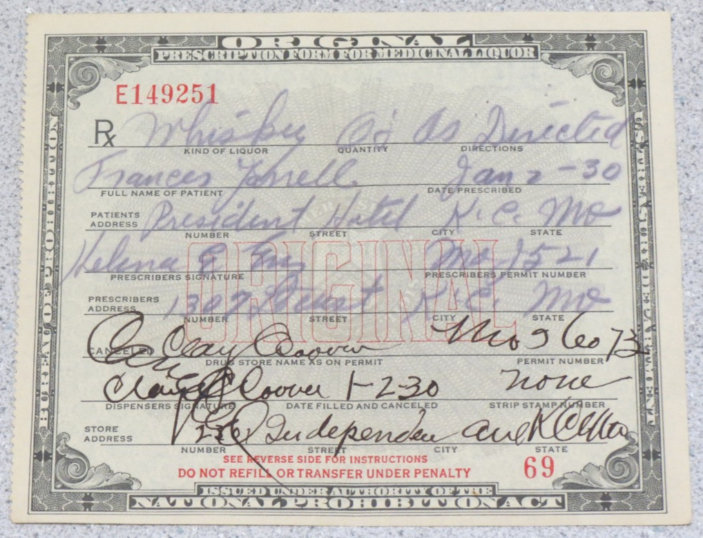 Vintage Original Prohibition Prescription Medicinal Liquor Alcohol Missouri 1930