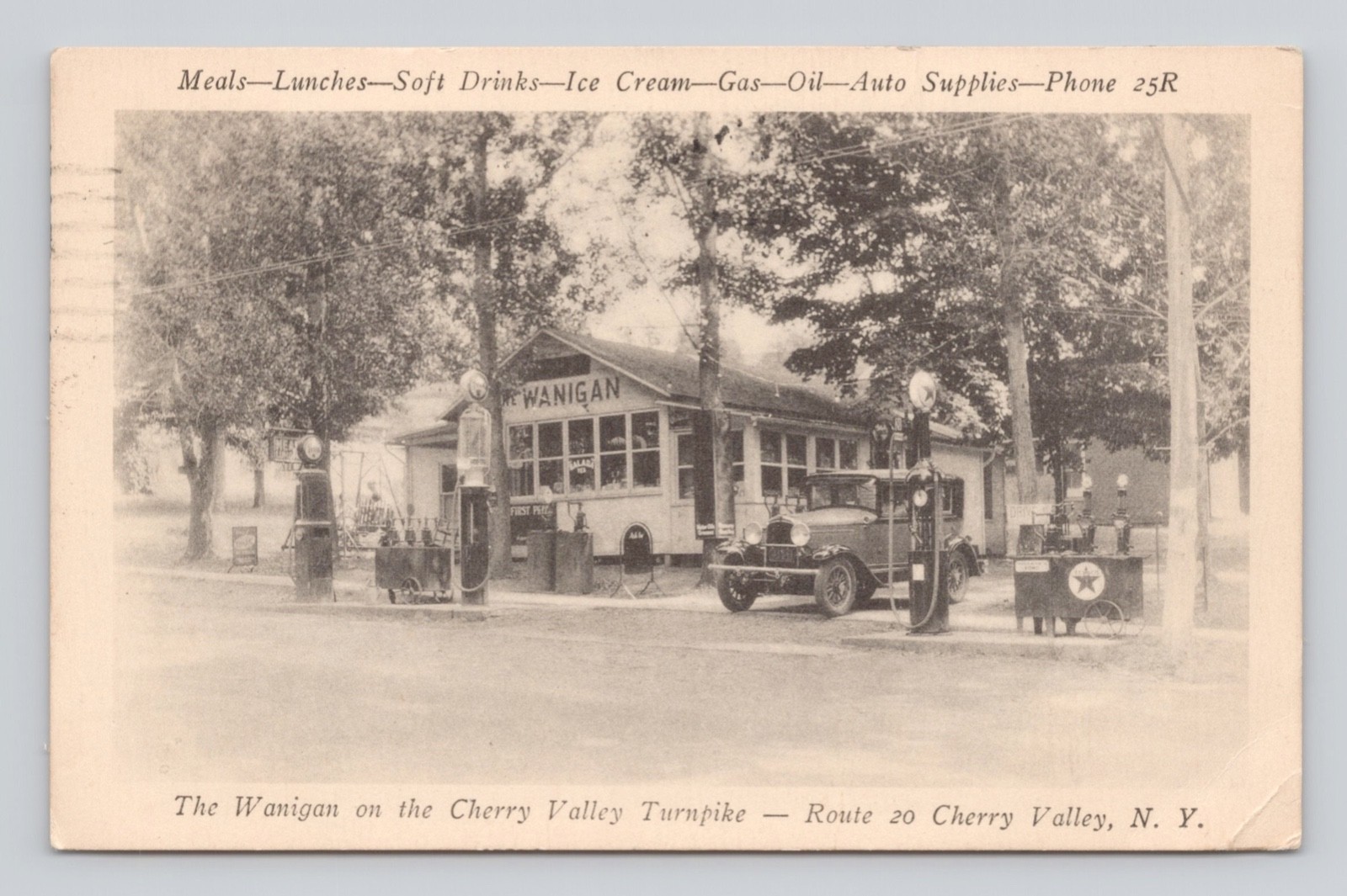 Postcard Wanigan Gas Station Gas Pumps Ice Cream Cherry Valley Turnpike NY ~1932