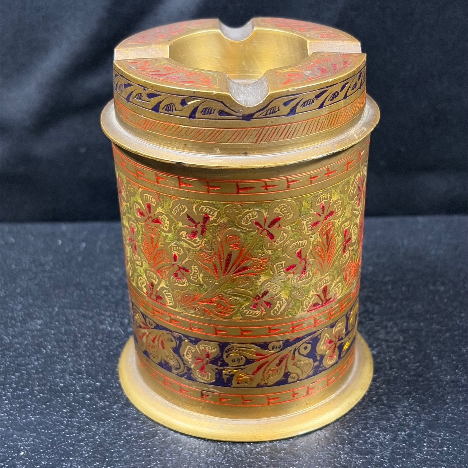 Vintage Indian Etched Brass Lidded Ashtray Enamel Floral Cigarette Canister Jar