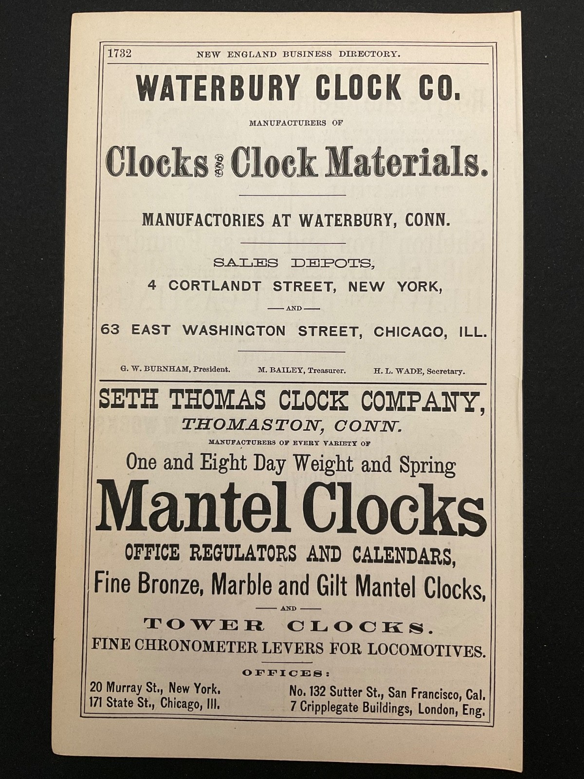 1883 Antique Ad Page Waterbury Clocks & Seth Thomas Tower Clocks, New York, NY