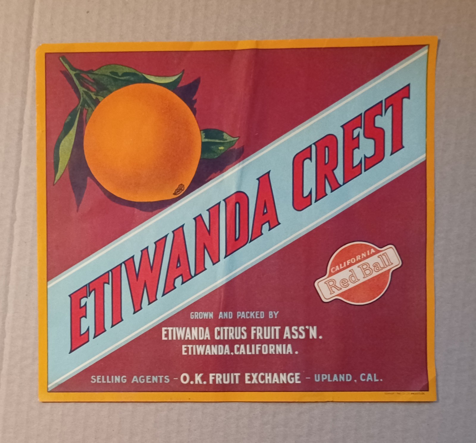 Etiwanda Crest - Upland Cal - Red Ball Overprint - Original Orange Crate Label