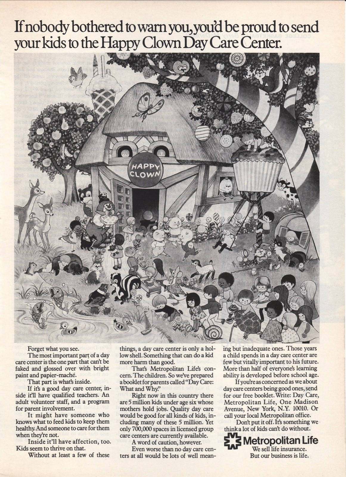 1972 Metropolitan Life Vintage Print Ad Happy Clown Day Care Center