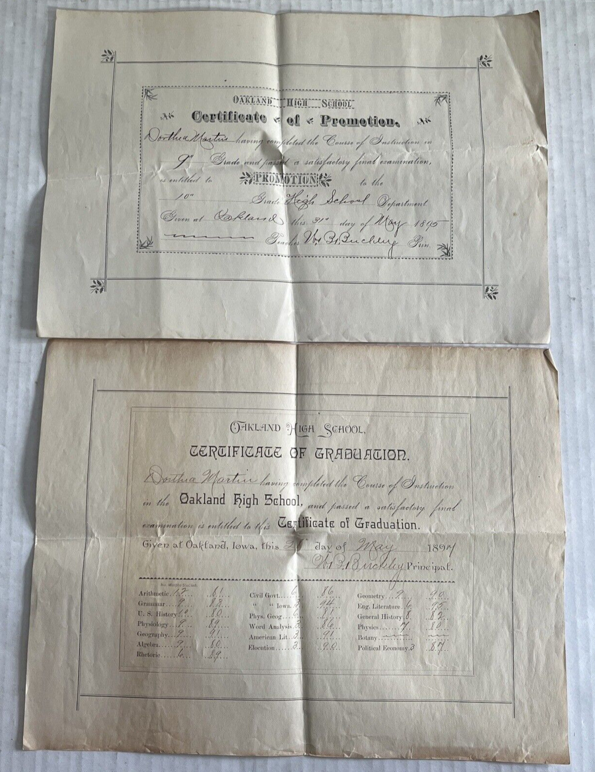 Lot 2 Oakland High School Certificate of Promotion 1895 & 1894