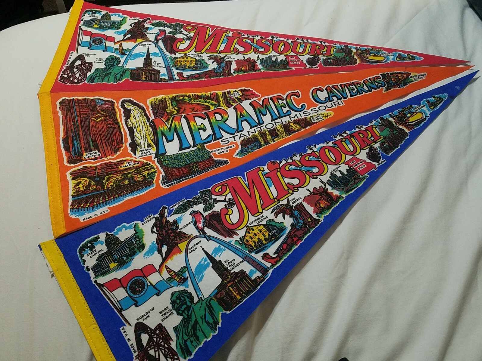 Lot Of 3 Vintage Missouri Pennants Meramec Caverns Stanton St Louis Ozarks
