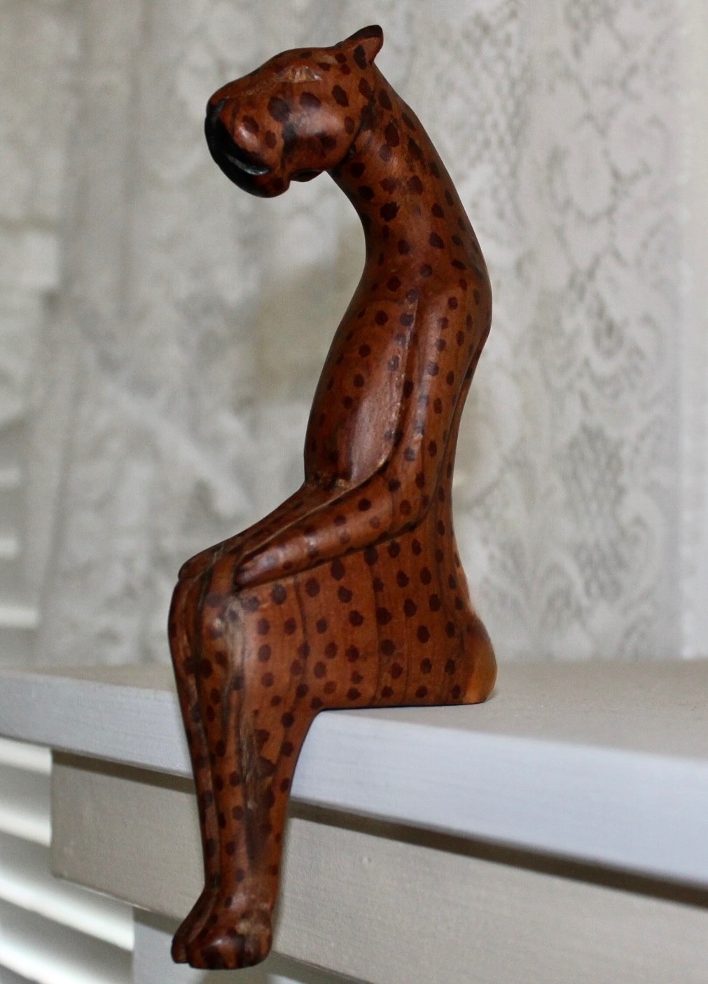 Vintage Hand Carved Wooden Shelf-Sitting Cheetah Carved & Purchased From Africa
