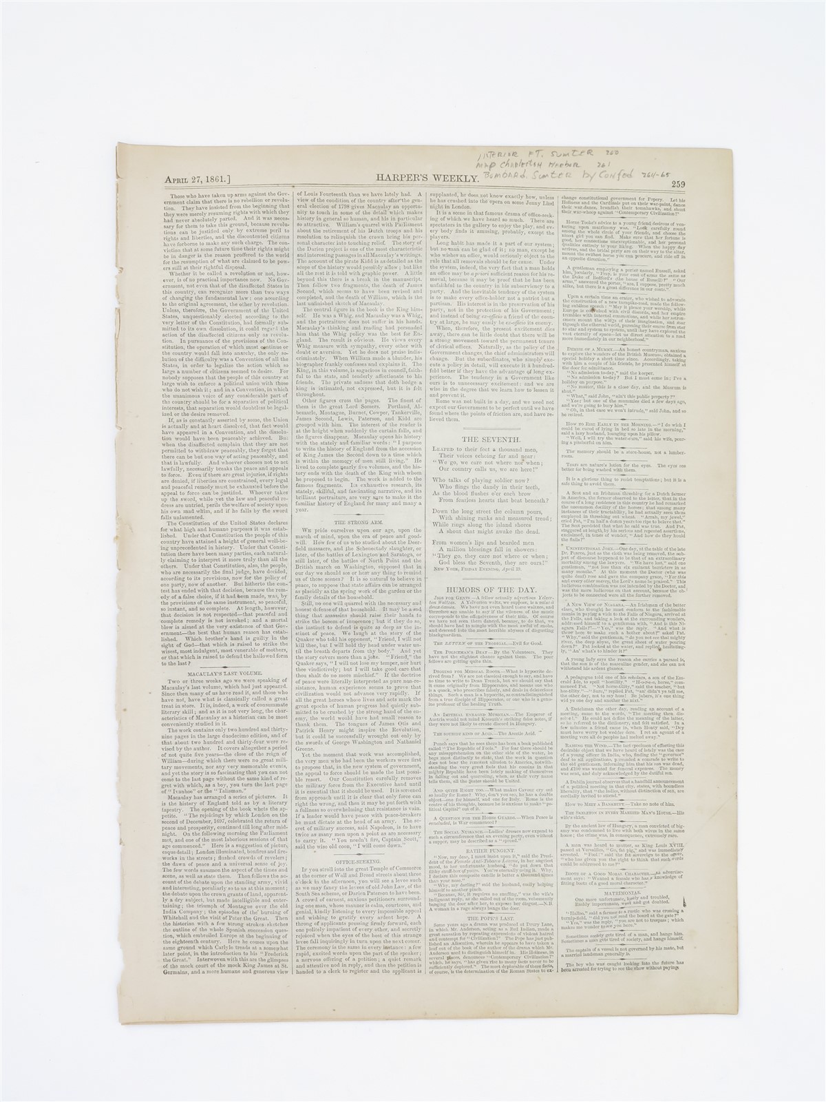 Original Harper\'s Weekly Abraham Lincoln April 27 1861 pp. 259-268 Without Cover