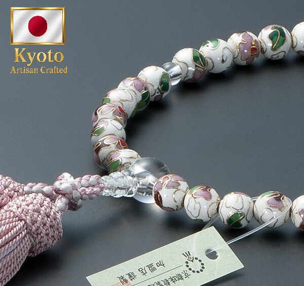 Japanese Buddhist Prayer Beads Cloisonné Enamel w/Crystal for Her Kyoto Crafted