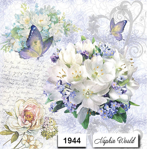 (1944) TWO Individual Paper LUNCHEON Decoupage Napkins - FLOWERS BUTTERFLIES