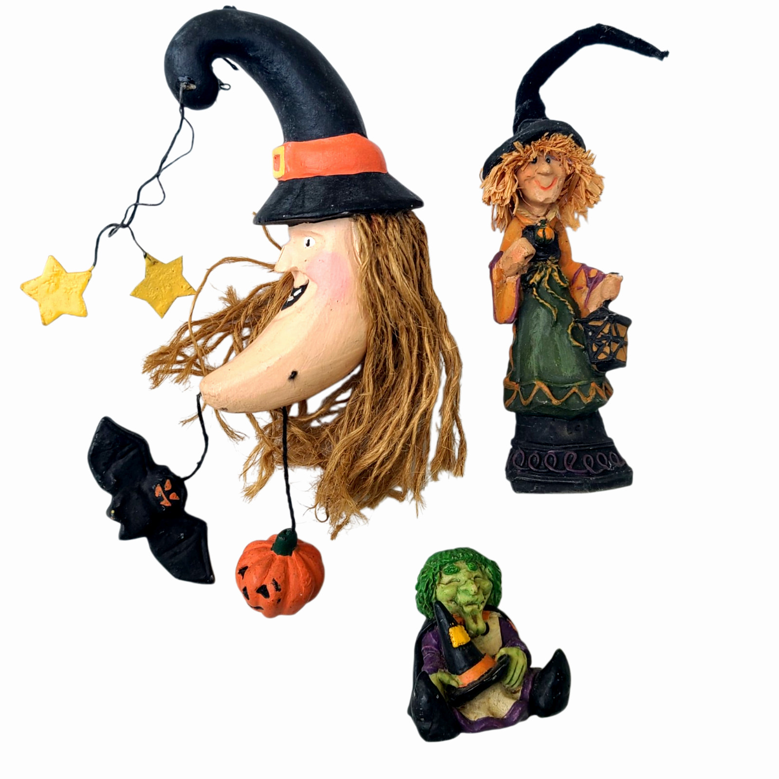 LOT 3 Witch Figure Vintage Halloween Resin Ceramic with Straw Hair