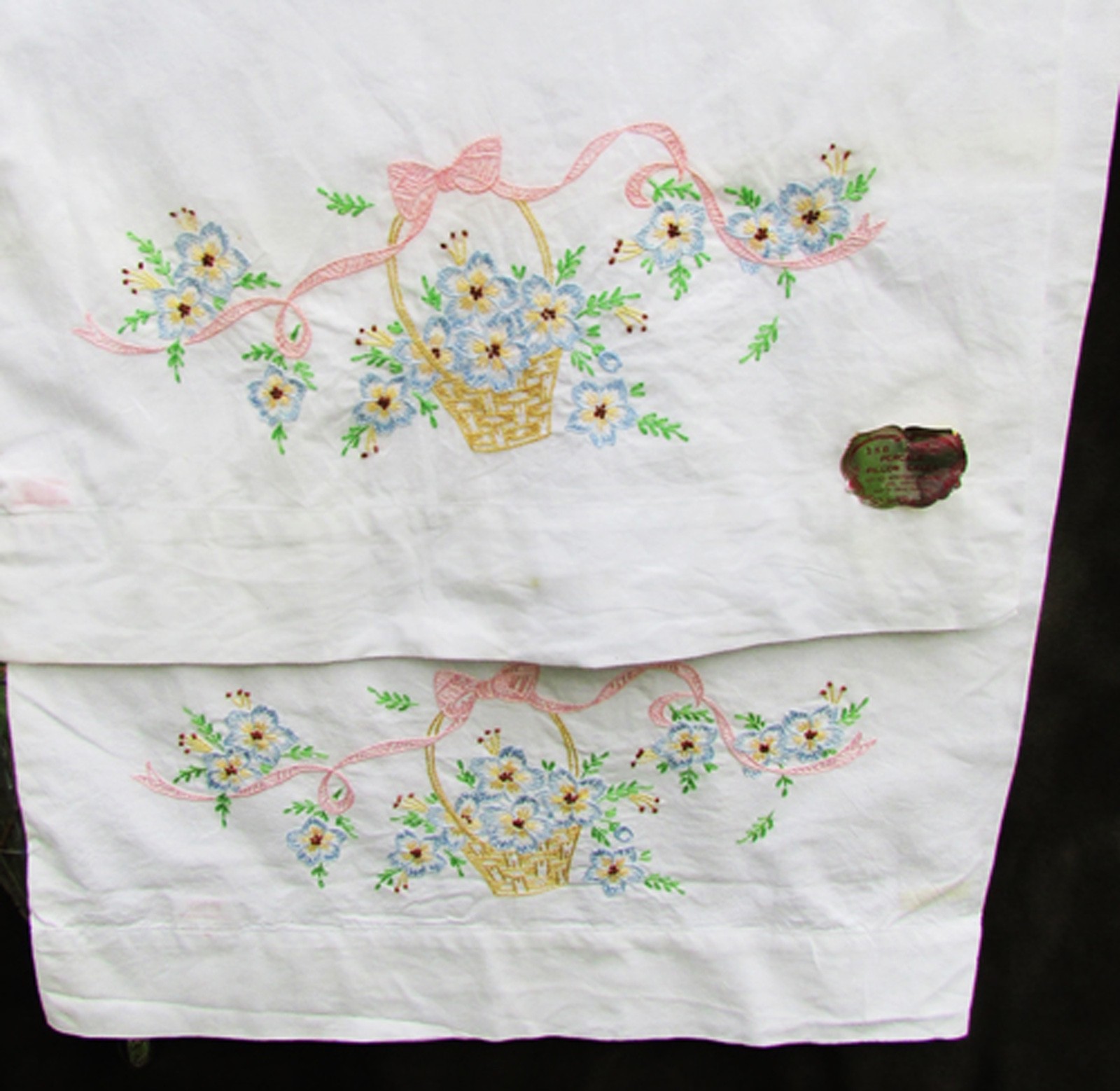 Embroidered pillowcases choice of set flowers in basket, purple crochet edge +