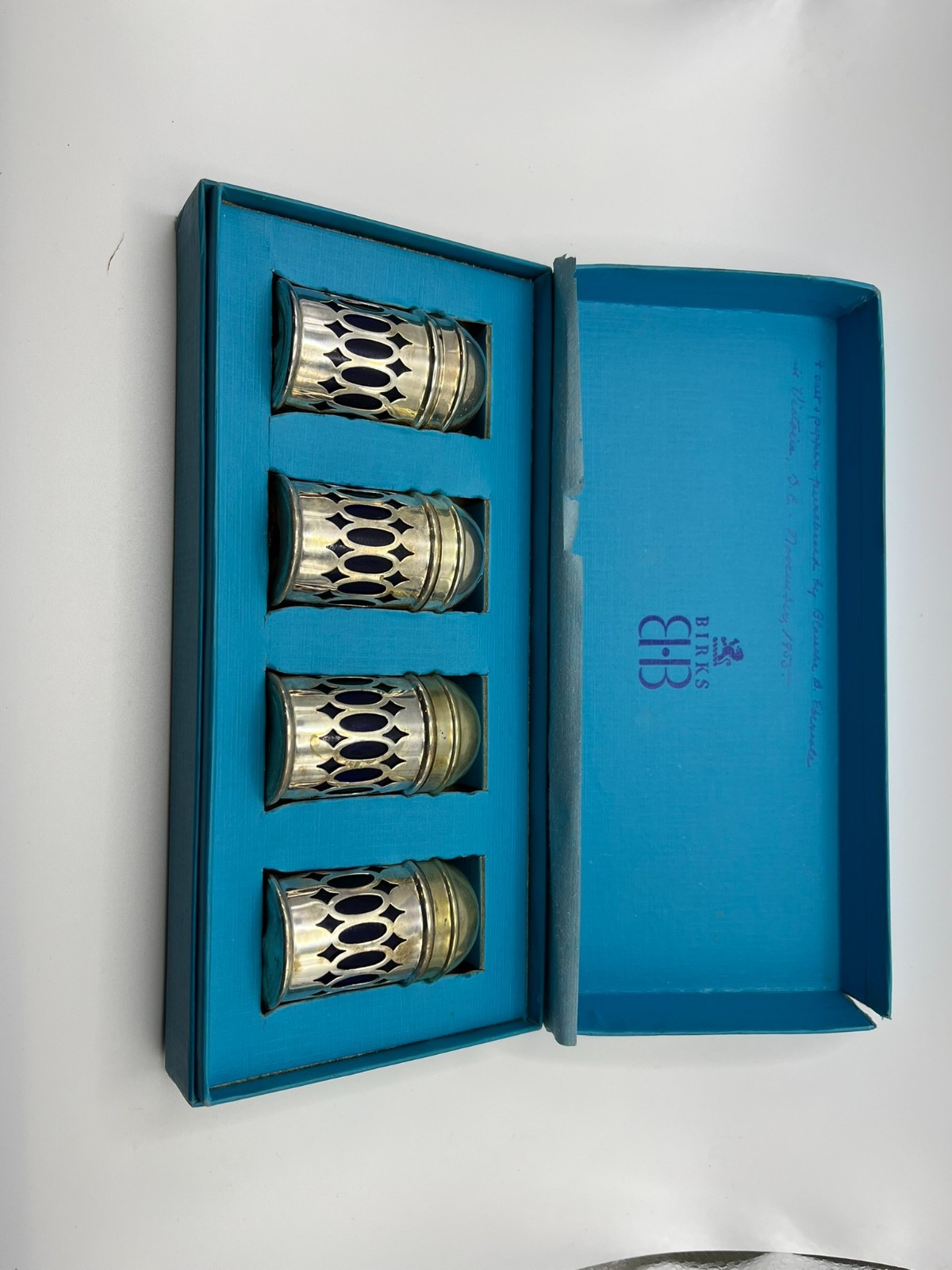 Vintage Birks Silver Plate Salt & Pepper Shakers Set of 4 Cobalt Blue 1953 Box