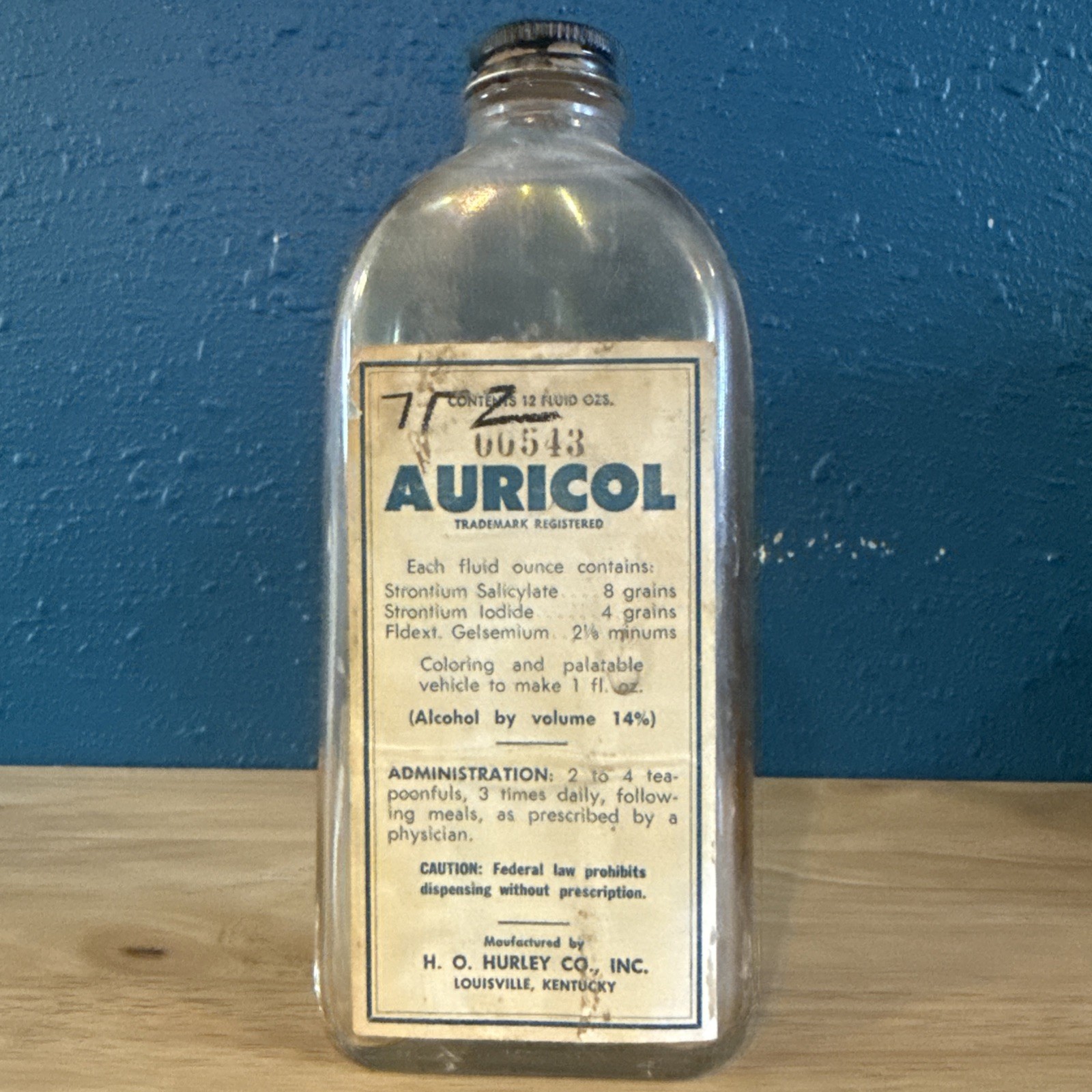 Vintage Auricol H.O. Hurley Co. Clear Glass Apothecary Medicine Bottle