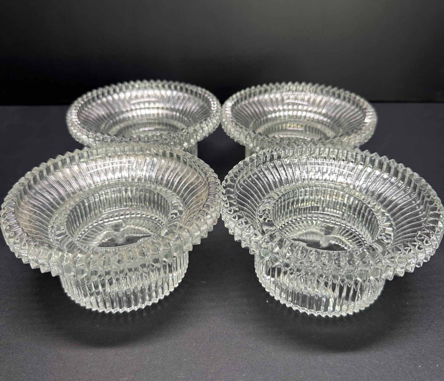 Vintage Diamond Cut Glass Candle Holders Set of 4 Footed Flared Edge 4.5\