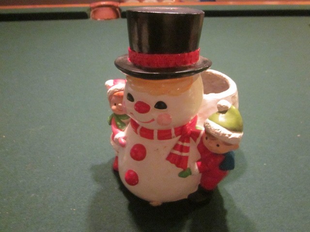 Vintage RB Japan Painted Ceramic Christmas Snowman With Boy Girl Figurine MCM