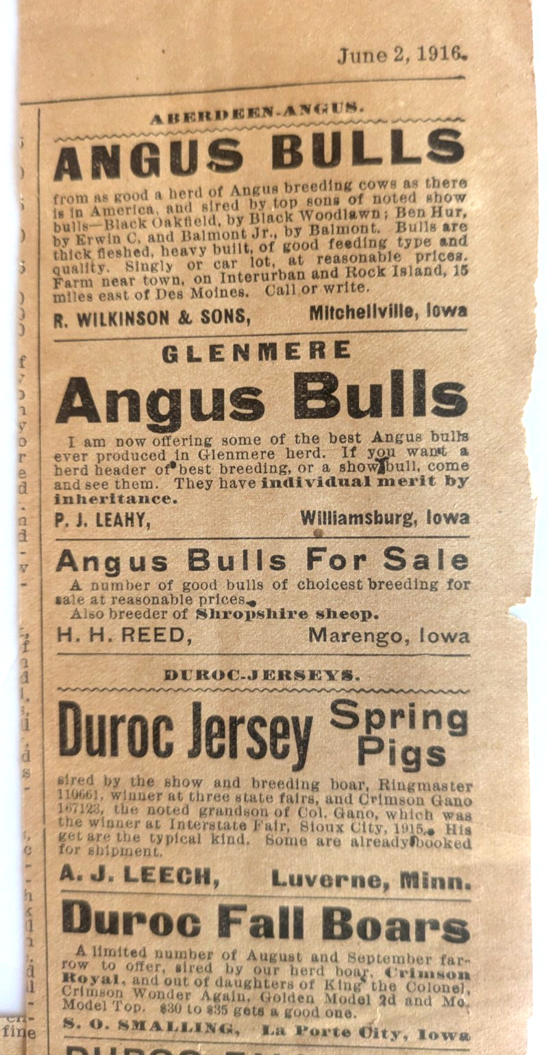 1916 Wallace Farmer Newspaper, Clippings - Farm sales, and Equipment in IOWA