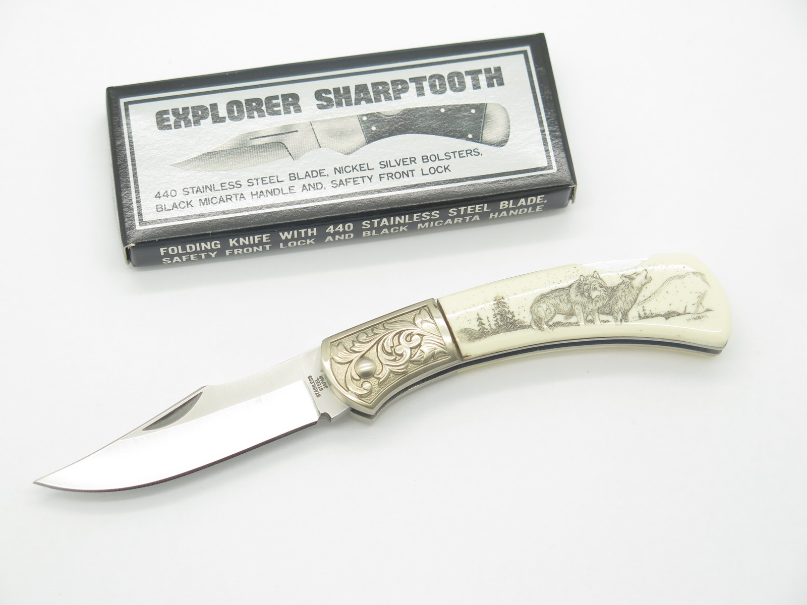 Vtg Explorer G Sakai Seki Japan Wolf Scrimshaw 3.1 Folding Lockback Pocket Knife Vtg Explorer G Sakai Seki Japan Wolf Scrimshaw 3.1 Folding Lockback Pocket Knife