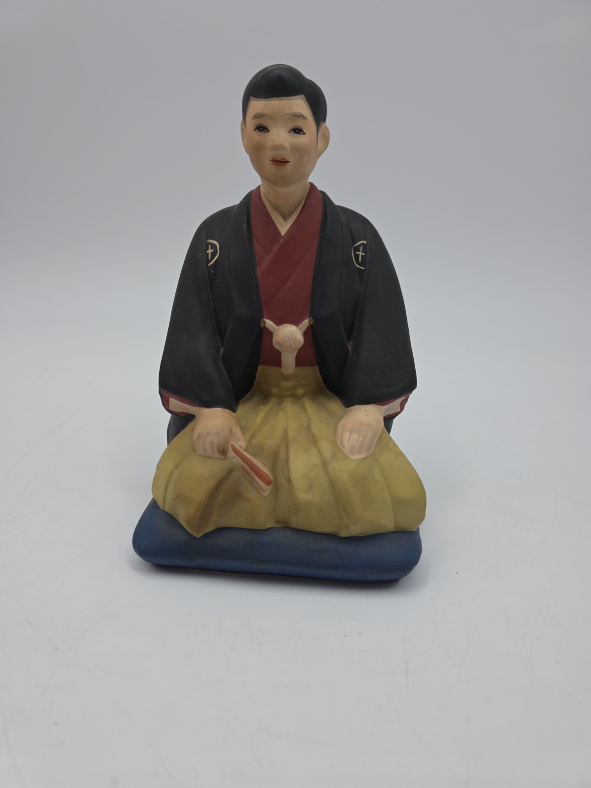 Hakata Urasaki Doll Japanese Young Man Kneeling on Cushion Clay Figurine VTG