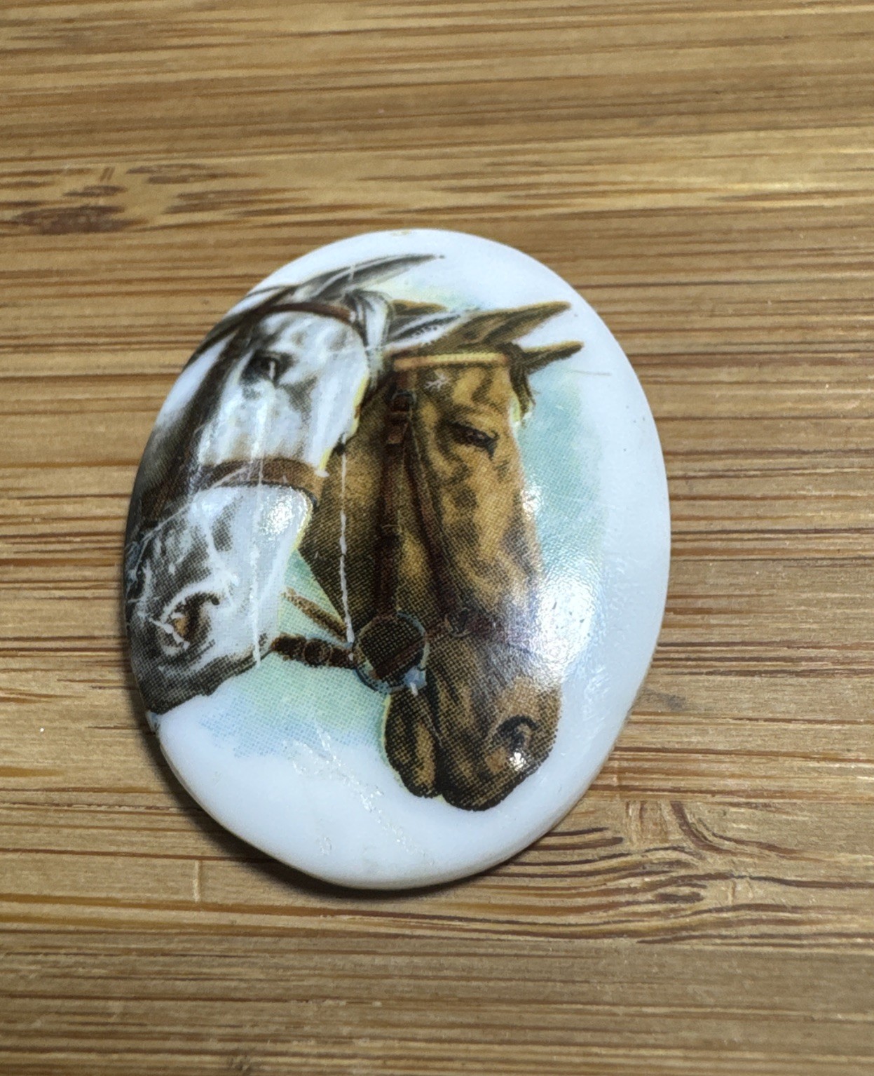 Vintage Glass 3 Horse Equestrian Cabochon Image Stone 1.75” Collectible