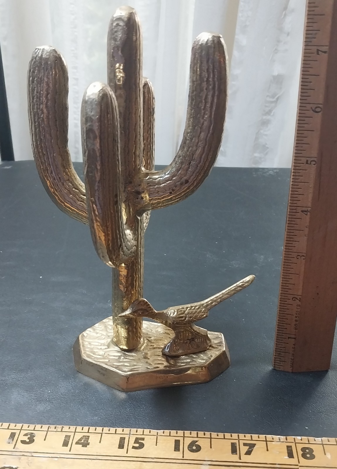 Vintage MCM Brass Saguaro Cactus Roadrunner Figurine Statue Southwest - 11\