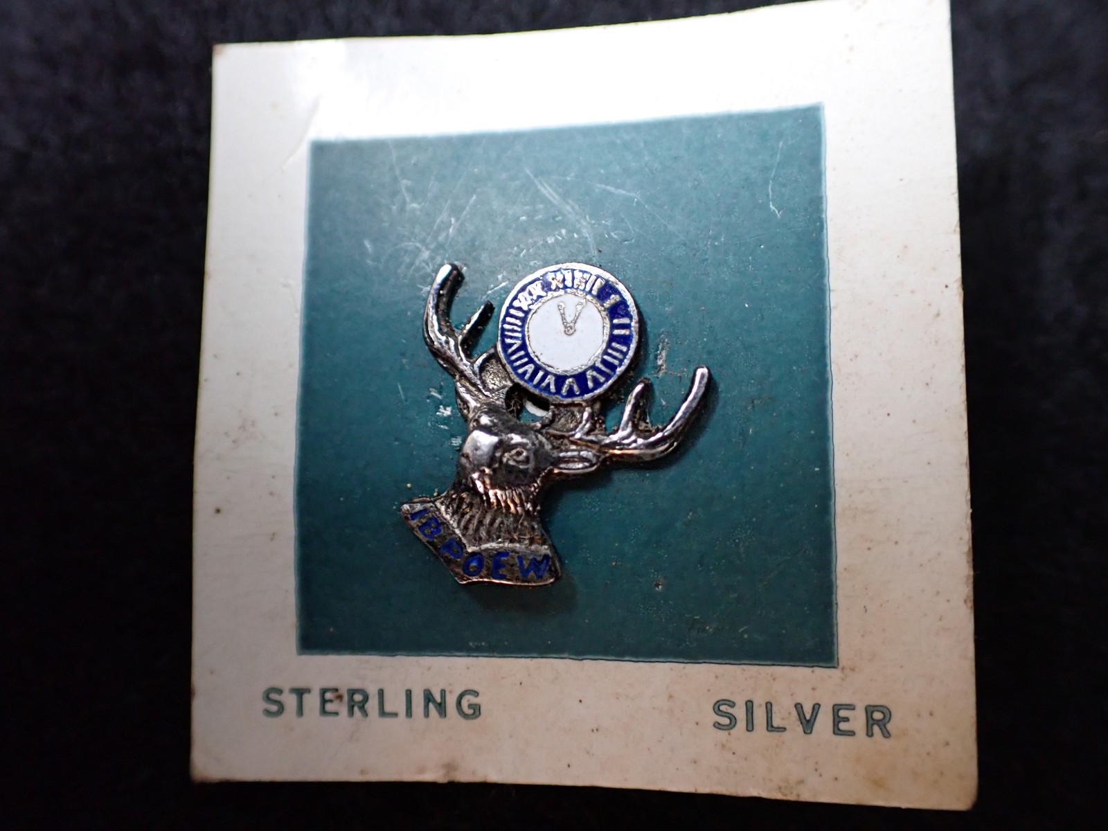 Vintage IBPOEW Elks Sterling Silver Lapel Pin Enamel Clock on Original Card
