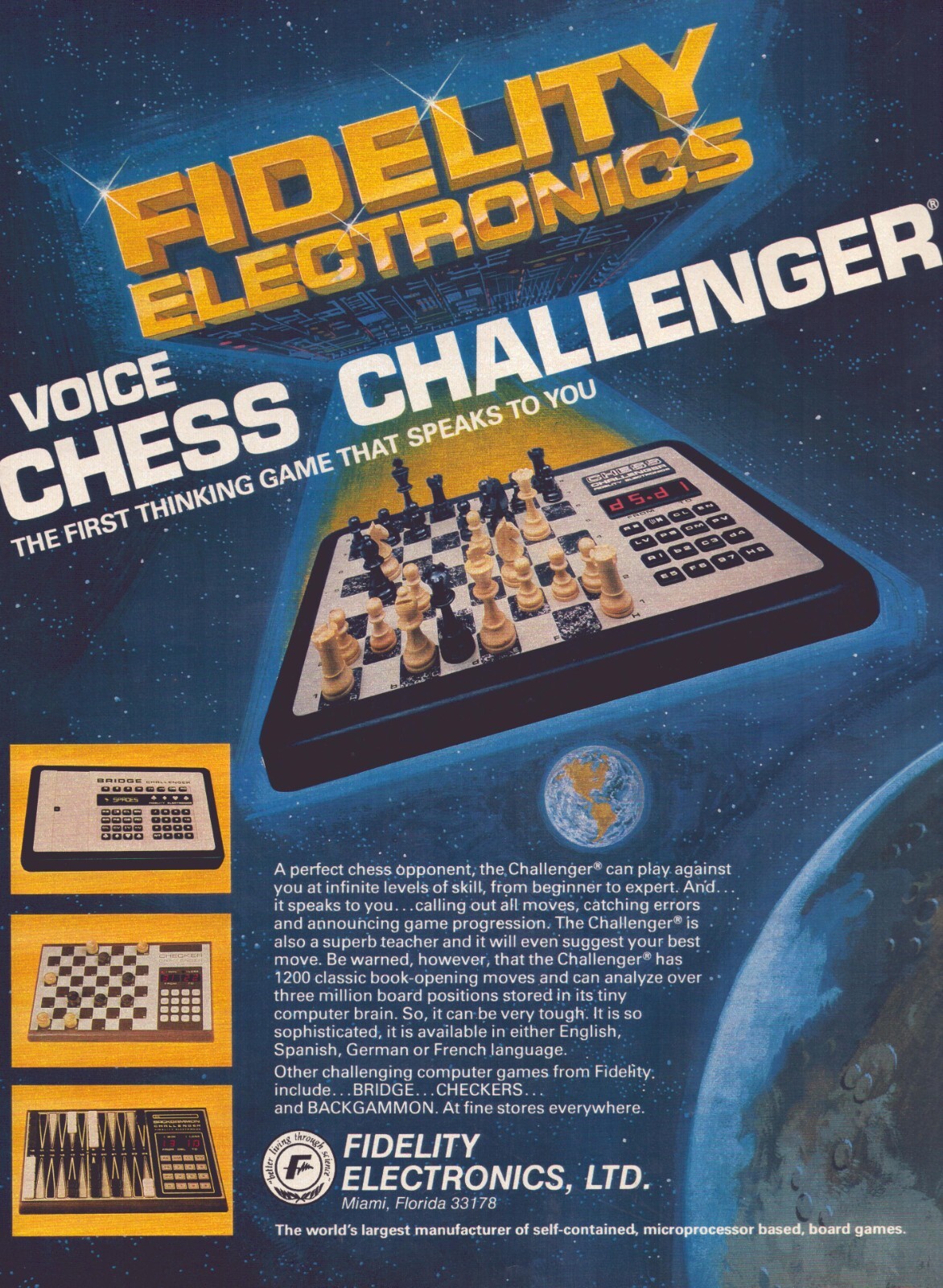 1979 Fidelity Electronics Voice Chess Challenge Print Ad Space Earth Computer