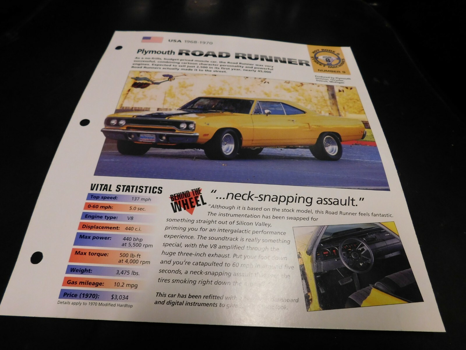 1968-1970 Plymouth Road Runner Spec Sheet Brochure Photo Poster 1969 1968-1970 Plymouth Road Runner Spec Sheet Brochure Photo Poster 1969
