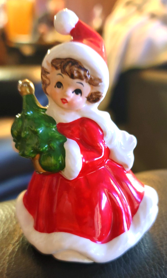 Vintage Lefton Ceramic Girl with Christmas Tree Figurine 1665 Japan 50's