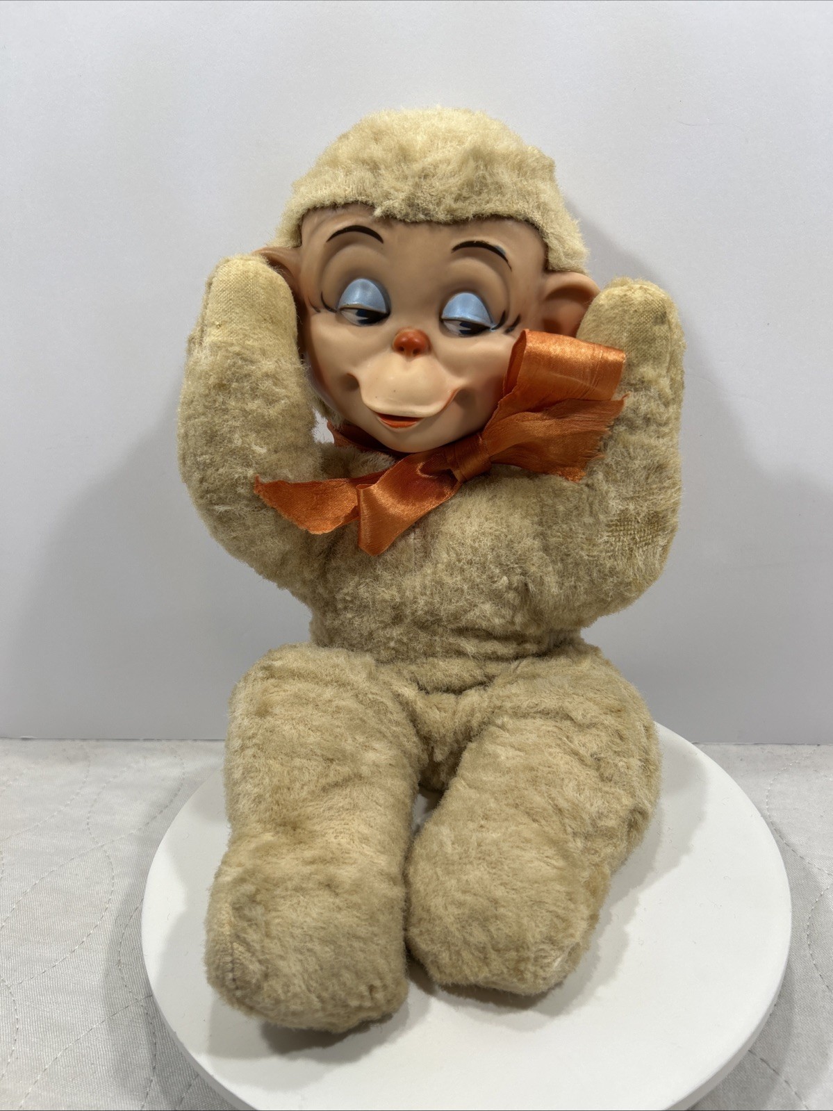 Vntg 14” Knickerbocker Sleepy Rubber Faced Monkey Exceptional Face, Original Bow