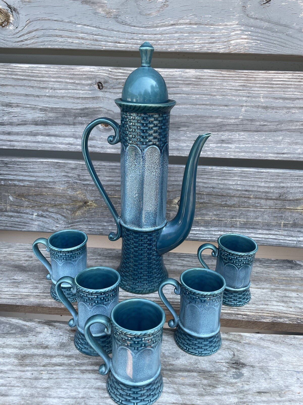 Vintage Norleans JAPAN Coffee Tea Set Pitcher w 5 Mugs Beautiful Blue RARE 🥰🥰