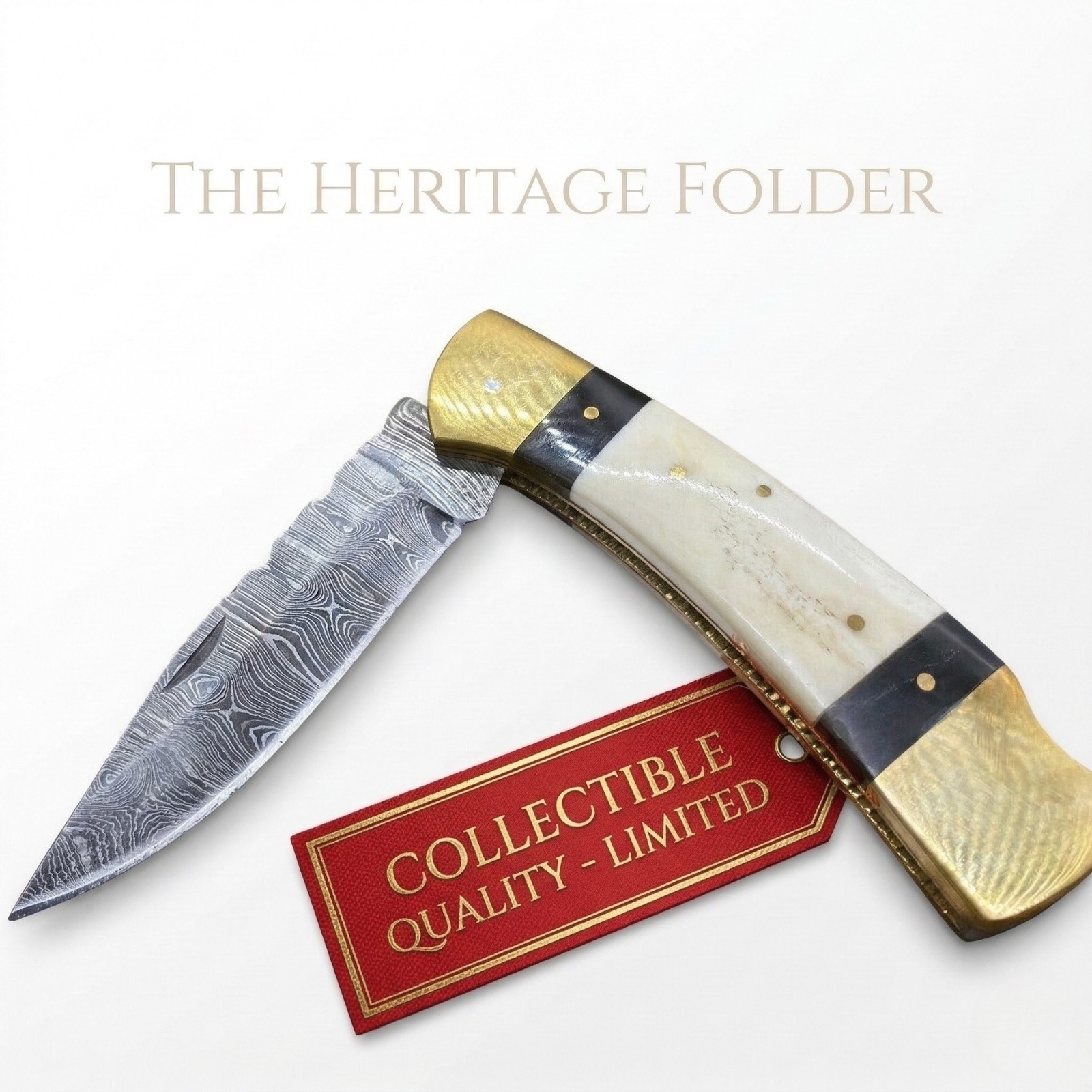 SK Customs Damascus Pocket Knife Luxury Collector Gift Camel Bone Folding Blade