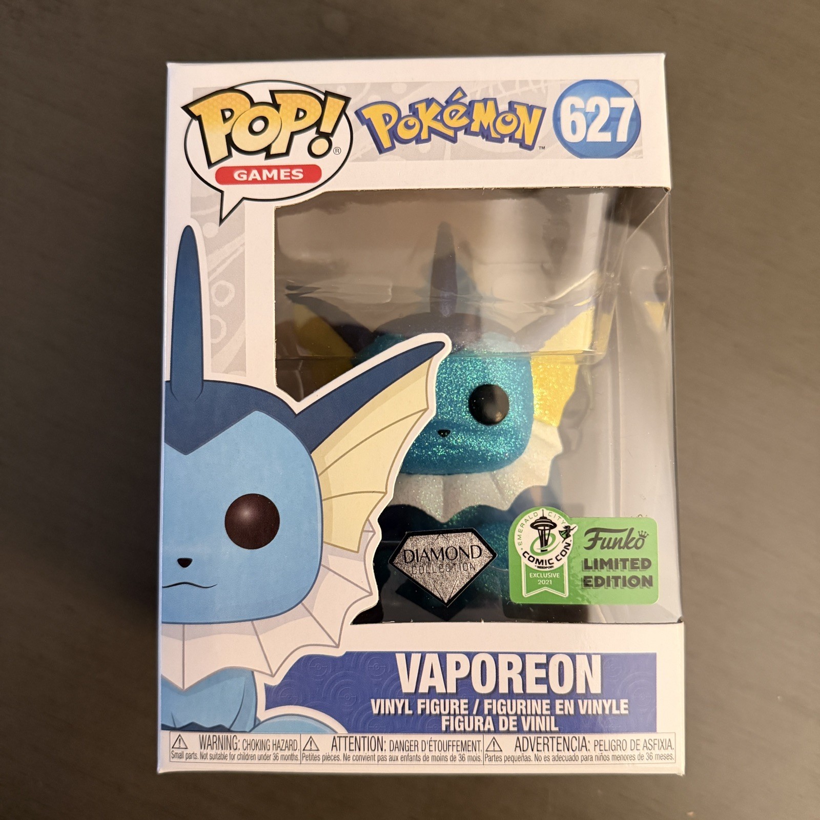 Pokémon Vaporeon 627 Diamond Funko Pop w/ Emerald City CON STICKER - Near Mint 