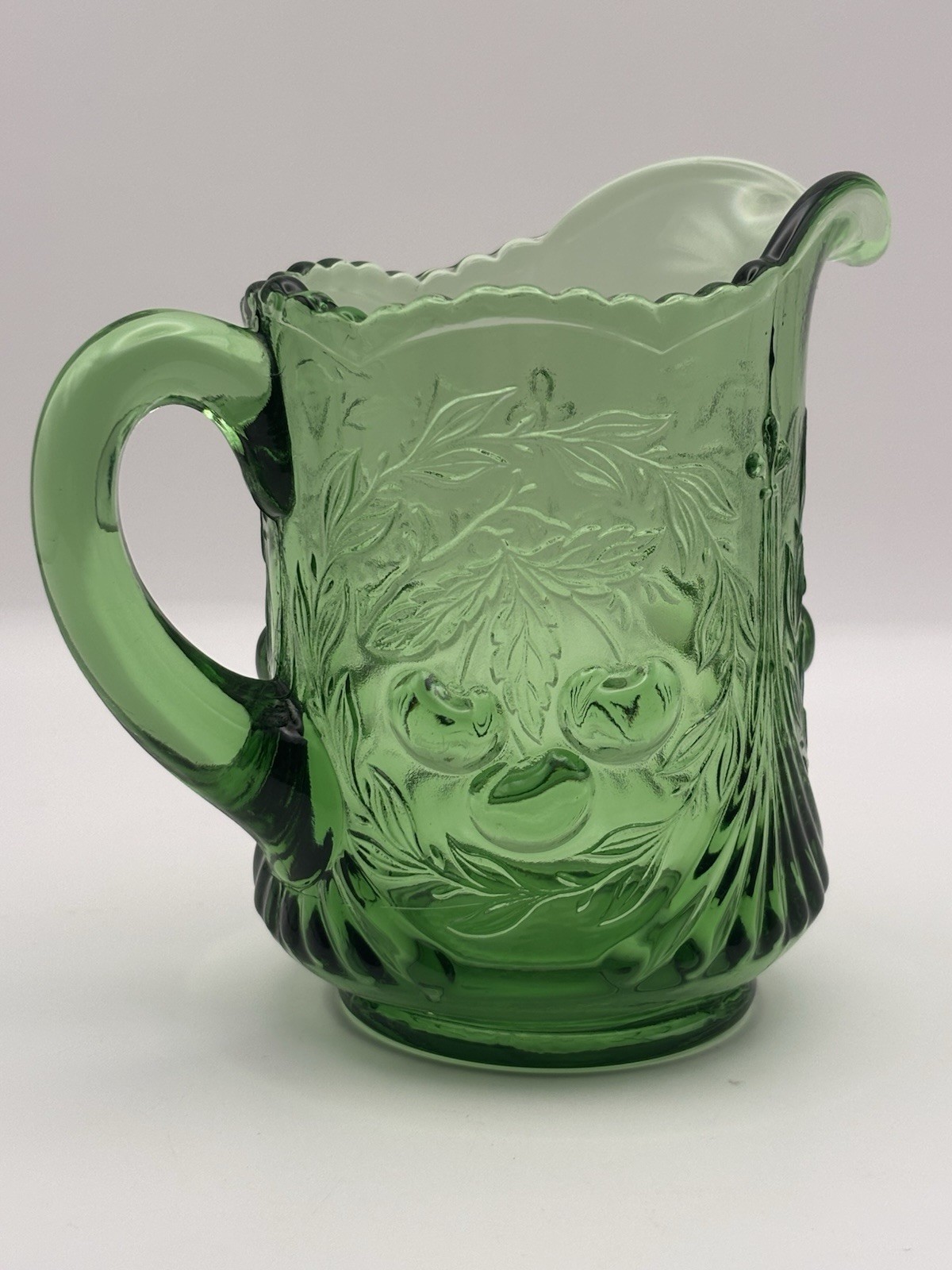 Vintage LG Wright Inverted Cherry Green Glass Creamer Milk Pitcher Unmarked