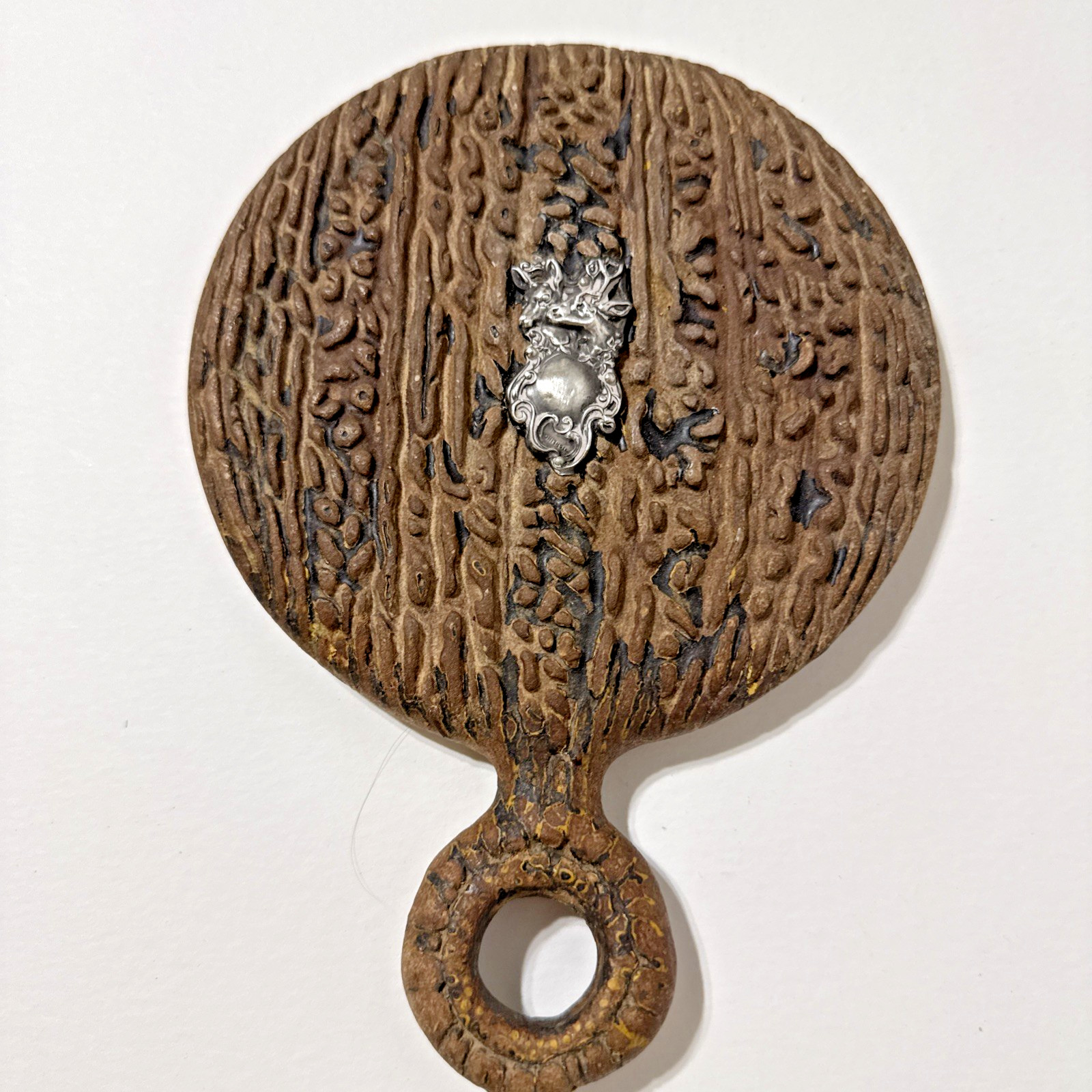 Antique Faux Bois Hand Mirror Sterling Silver Deer Motif Art Nouveau