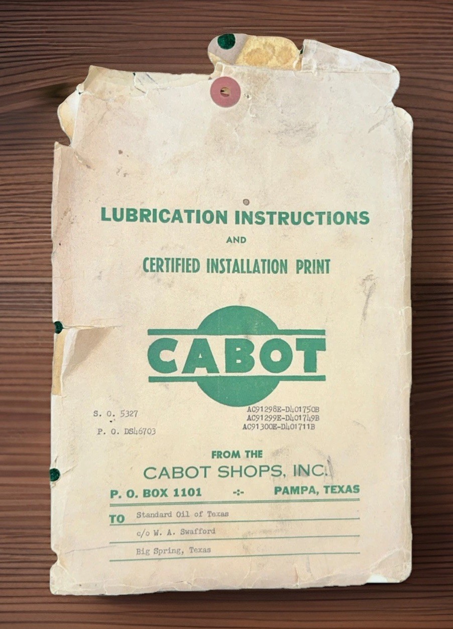 1957 Standard Oil Of Texas Cabot Pumping Unit  C/O W. A. Swafford  Instructions