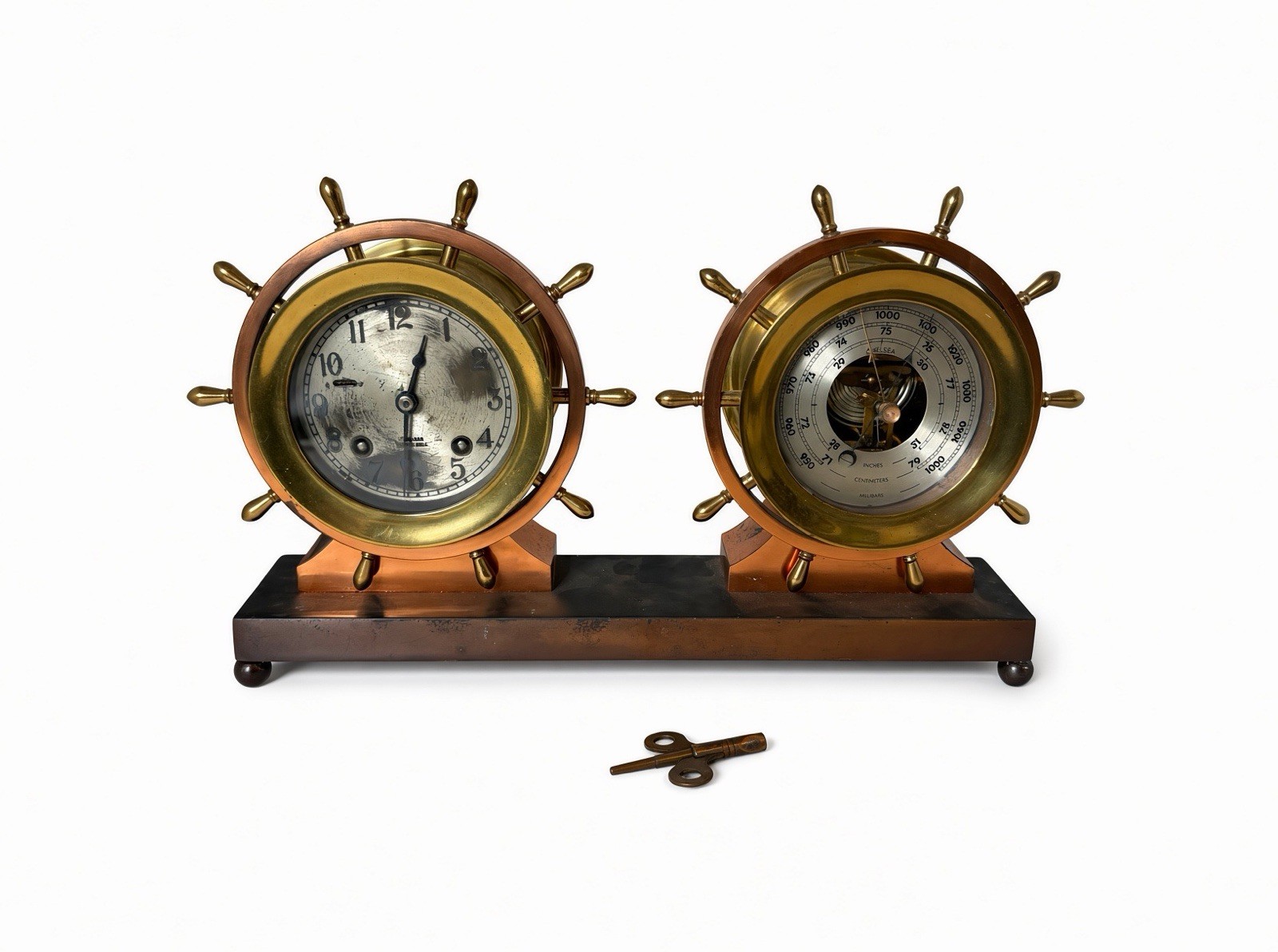 Vintage Chelsea Brass Ship Wheel Clock &  Barometer Desk Set w/ Key Nautical