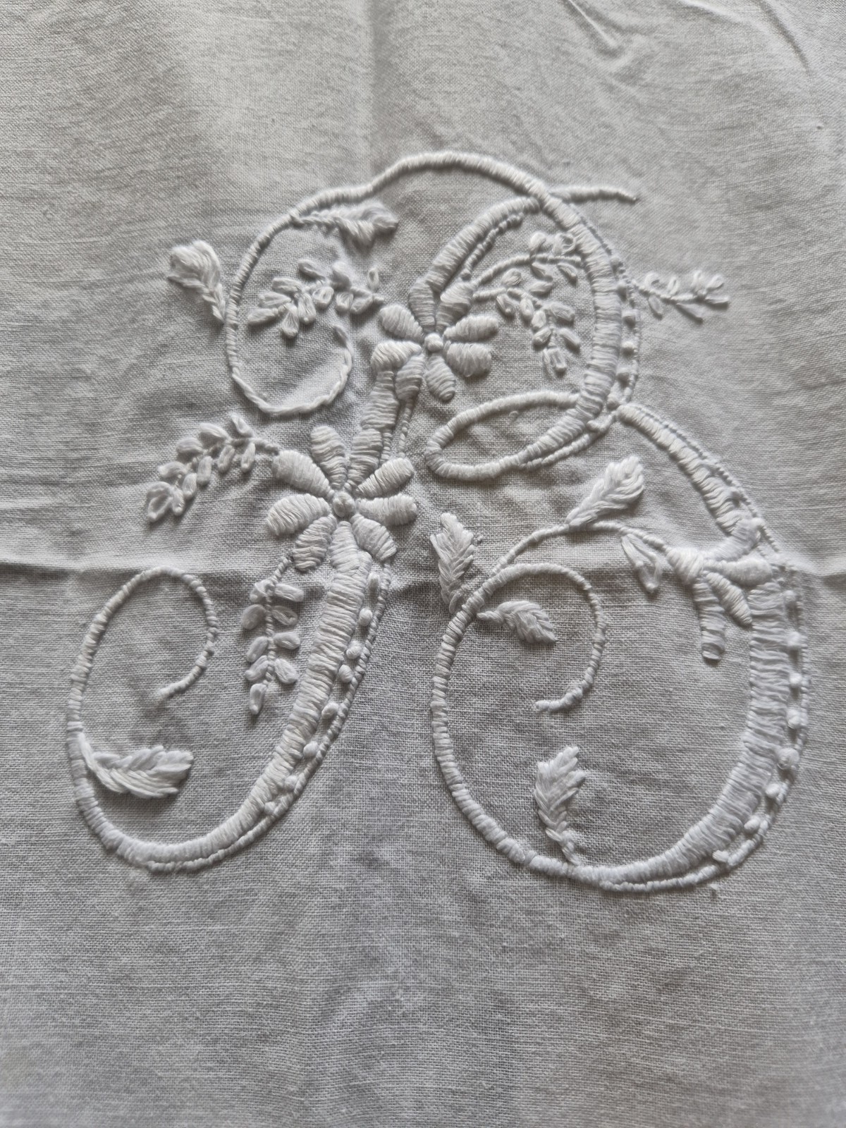 Antique French Style Tablecloth Monogram B Crochet Lace Drawn Thread 56 x86 Inch
