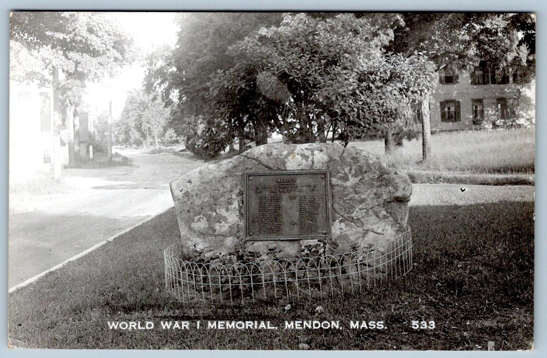 1940-50\'s RPPC WWI MEMORIAL MENDON MASSACHUSETTS REAL PHOTO POSTCARD