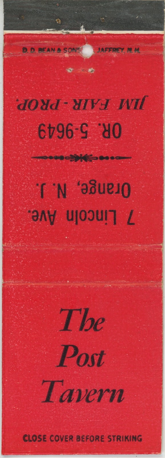 Post Tavern Jim Fair 7 Lincoln Ave Orange NJ Antq Matchbook Cover D-6 Post Tavern Jim Fair 7 Lincoln Ave Orange NJ Antq Matchbook Cover D-6