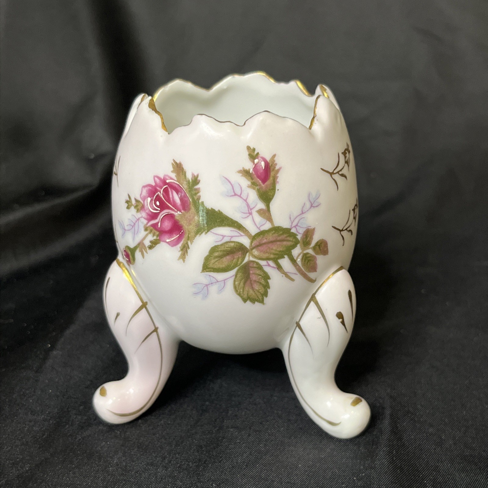 Vtg Napcoware Footed hand painted cracked egg floral vase Japan Gold Trim Roses