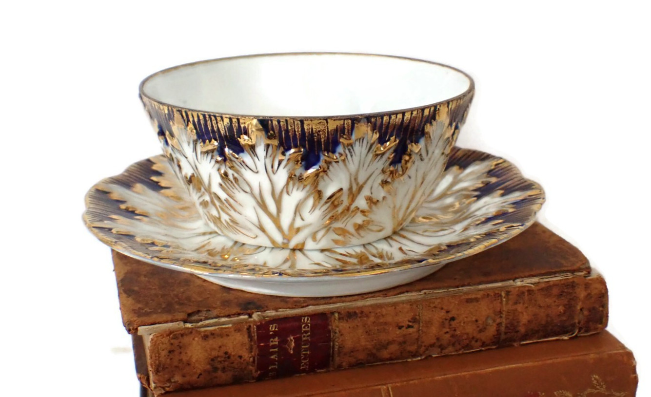 Antique Meissen Cabinet Duo Acanthus Leaf w/Gold & Cobalt Blue Cup & Saucer